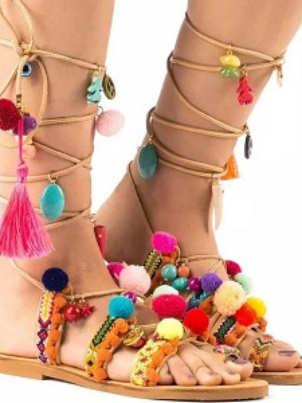 Women Elina Linardaki Multi Embroidered/Pom Pom Design Toe Thong Sandals 39/9